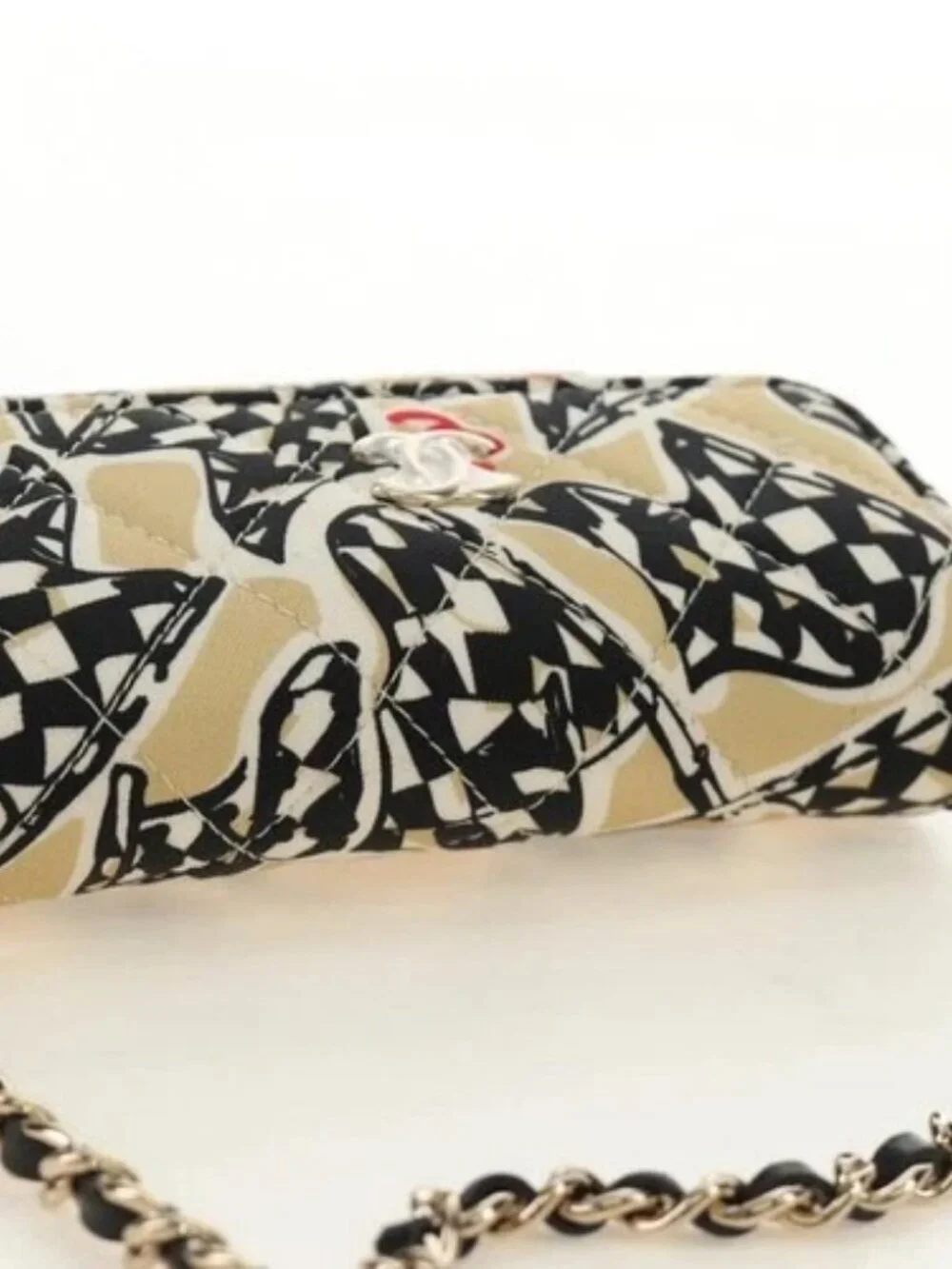 CHANEL Mini Matelasse Chain Shoulder Pouch Satin Beige Silver CC Auth 188736M